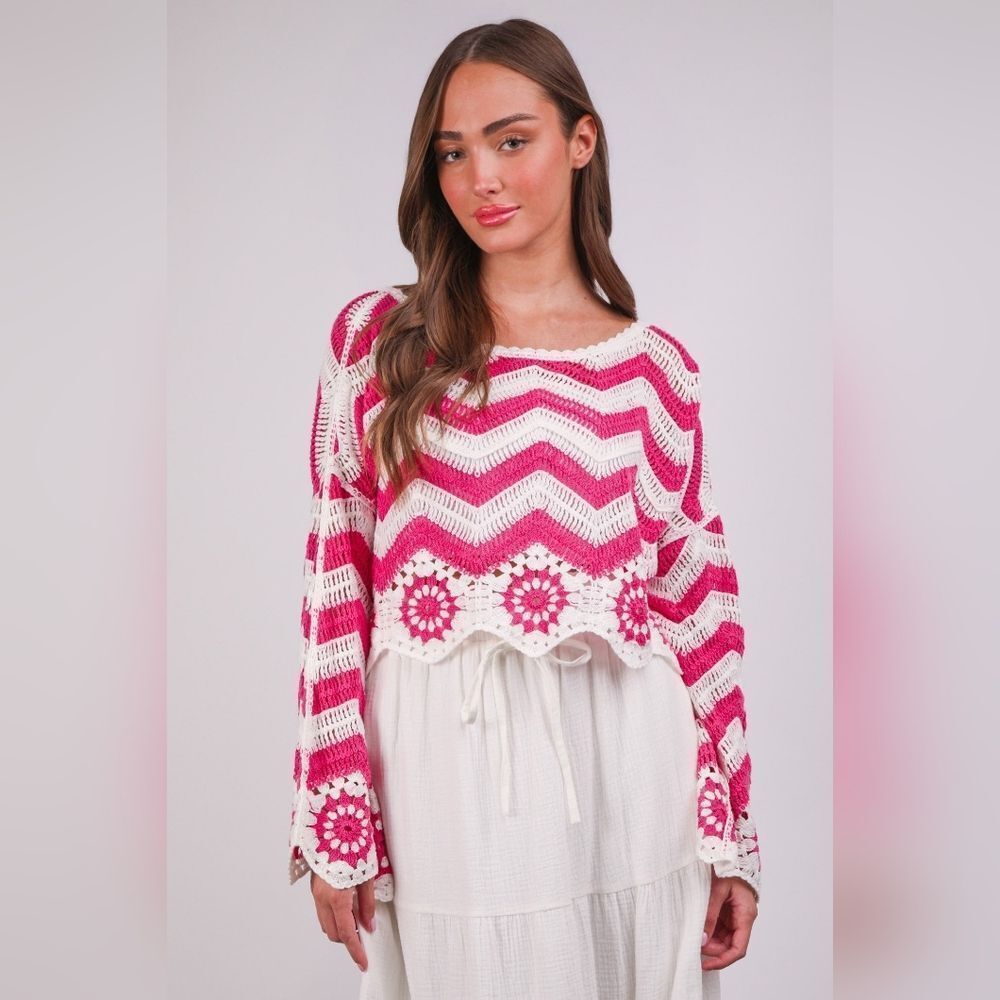 Chevron/Floral Pattern Crochet Knit Top - Picture 2 of 5